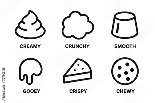 Dessert Texture Icons. Solid, filled icon set of dessert textures: creamy, crunchy, fluffy, smooth, gooey, crispy, soft, chewy. Line icons in only black color.