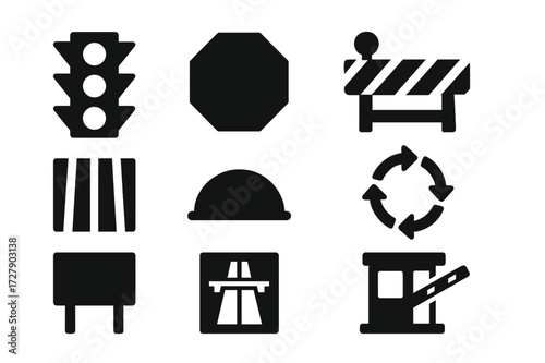 Road Element Icons. Solid, filled icon set of road elements: traffic light, stop sign, road barrier, crosswalk, speed bump, roundabout, highway sign, toll