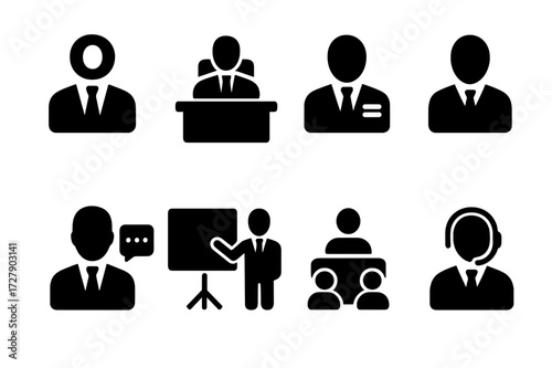 Boardroom Roles Icons. Solid, filled icon set of boardroom security: keycard, security camera, locked door, ID badge, security guard, alarm system, visitor