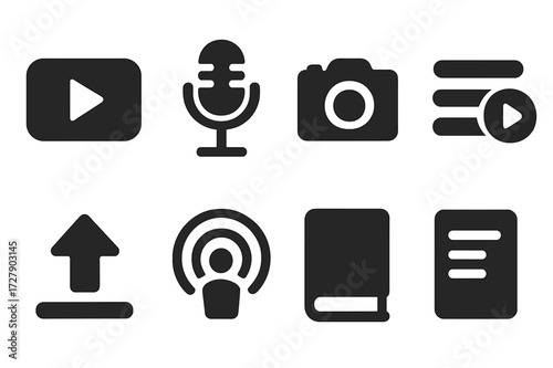 Content Platform Icons. Solid, filled icon set of content platforms: video play button, microphone, camera, playlist, upload arrow, podcast, ebook, article.