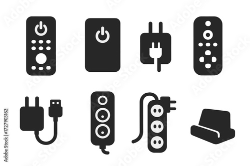 Standby Mode Icon Set. Solid, filled icon set of standby mode accessories: remote control, power bank, charger cable, smart plug, universal remote, power