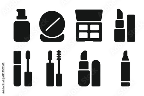 Makeup Icon Set. Solid, filled icon set of makeup products: foundation bottle, blush compact, eyeshadow palette, lipstick, lip gloss, mascara, concealer stick,