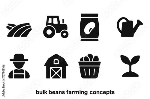 Bulk Beans Icons. Solid, filled icon set of bulk beans farming: field, tractor, seed packet, watering can, farmer, barn, basket, plant sprout. [Line icons in
