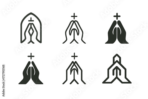 Praying Hands Logos. Jesus' forgiveness. Set Logo of Jesus' forgiveness: Praying hands icon. harmonious logo variations of the same emblematic