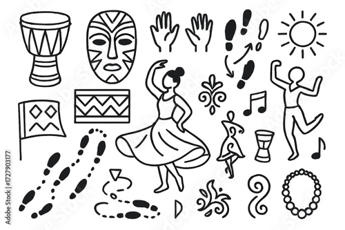 Cultural Dance Sketch. Hand-drawn doodle illustration traditional and cultural dance drum, tribal mask, fabric pattern, step icon, hands up, dress swirl,