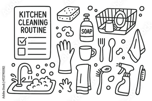 Kitchen Cleaning Doodles. Hand-drawn doodle illustration Kitchen cleaning routine [checklist, sponge, soap bottle, dish rack, sink, faucet, gloves, towel,