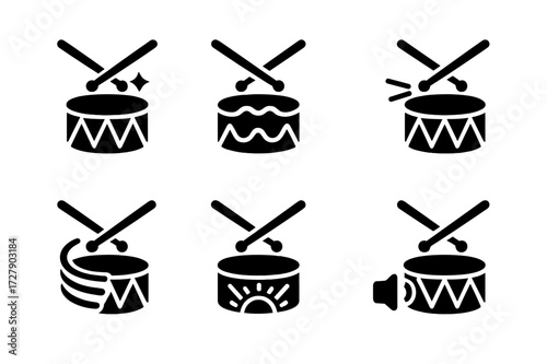 Military Drum Icon Set. Solid, filled icon set of military drum sound characteristics: sharp attack, crisp tone, resonant, cutting, sustained, bright, loud,