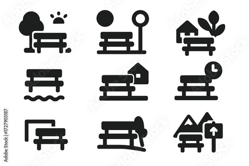 Bench Location Icons. Solid, filled icon set of bench locations: city park, bus stop, garden, waterfront, schoolyard, train station, sports field, hiking