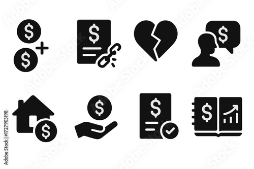 Debt Relief Icons. Solid, filled icon set of debt relief options: debt consolidation, debt settlement, bankruptcy, credit counseling, loan modification,