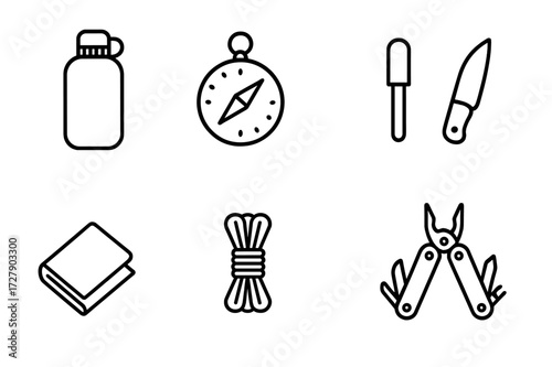 Survival Gear Icons. Outline icon set of survival equipment: water bottle, compass, fire starter, knife, emergency blanket, paracord, first aid kit,