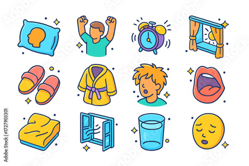 Morning Wake-Up Icons. Colorful isometric vector icons set of waking up moments: pillow with head mark, stretched arms, alarm clock buzz, sunlight through