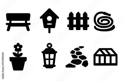 Garden Icon Set. Solid, filled icon set of garden elements: garden bench, birdhouse, garden fence, garden hose, flower pot, garden lantern, garden path,