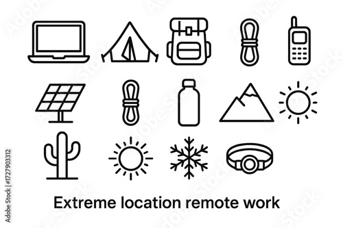 Remote Work Icons. Extreme location remote work. Line icon set of extreme location remote work: laptop, tent, backpack, satellite phone, solar panel, climbing