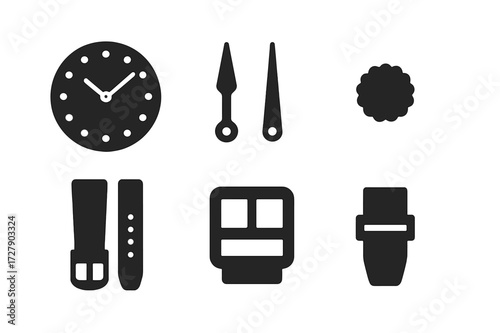 Watch Components Icons. Solid, filled icon set of watch components: watch face, hour hand, minute hand, second hand, crown, strap, buckle, clasp. [Solid,