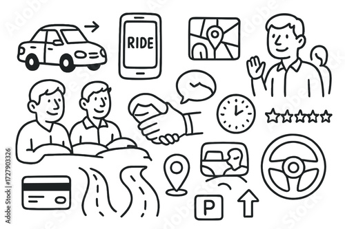 Ride Share Doodle. Hand-drawn doodle illustration ride sharing service car, smartphone, GPS map, passenger, driver, handshake, clock, star rating, speech