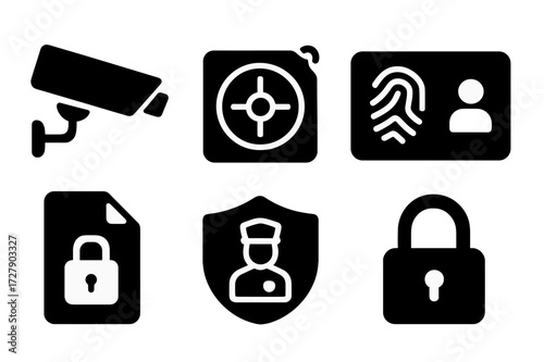 Bank Security Icons. Solid, filled icon set of bank security: CCTV camera, safe lock, fingerprint scan, access card, encrypted file, guard shield, firewall