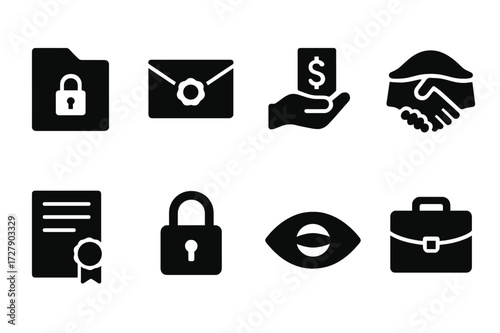 Secret Deal Icons. Solid, filled icon set of secret deals: confidential file, sealed envelope, hand with money, hidden handshake, contract, lock, eye with