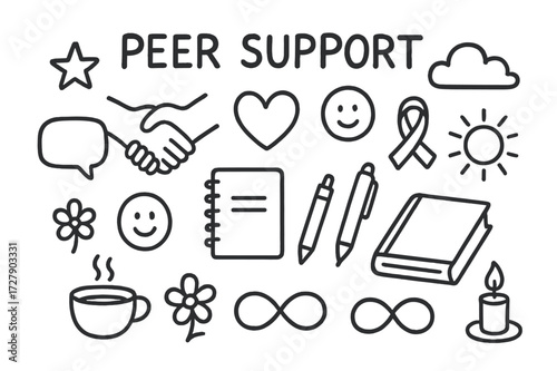 Peer Support Doodles. Hand-drawn doodle illustration Peer support [two hands, heart, chat bubble, smiley face, notebook, pen, book, star, flower, tea cup,