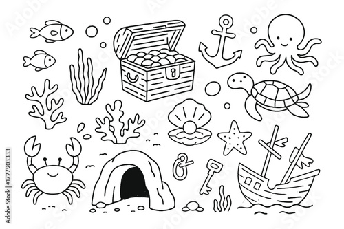 Underwater Treasures. Hand-drawn doodle illustration underwater cave treasures treasure chest, anchor, pearl in shell, fish, crab, seaweed, coral, bubbles,