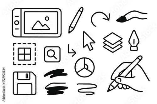 Digital Art Tools Icons. Hand-drawn doodle illustration digital artist tablet, stylus, screen, cursor, layers icon, undo arrow, zoom tool, pen icon, grid,