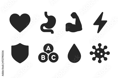 Navy Bean Health Icons. Solid, filled icon set of navy bean health benefits: heart symbol, digestive system, muscle, energy bolt, shield, vitamins, hydration,