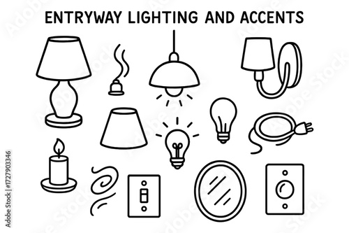 Entryway Lighting Doodles. Hand-drawn doodle illustration Entryway Lighting and Accents table lamp, pendant light, wall sconce, candle, lampshade, glowing