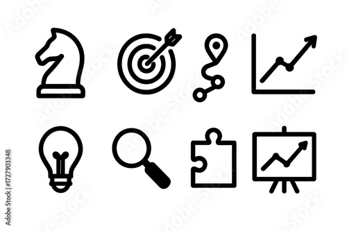 Strategic Planning Icons. Solid, filled icon set of strategic planning: chess knight, target, roadmap, analysis graph, lightbulb, magnifier, puzzle piece,
