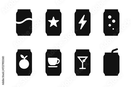 Canned Beverage Icons. Solid, filled icon set of canned beverages: cola can, beer can, energy drink, sparkling water can, fruit juice can, iced tea can,