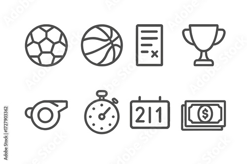 Sports Betting Icons. Outline icon set of sports betting: football, basketball, betting slip, trophy, whistle, stopwatch, scoreboard, money. Line icons in only