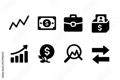 Finance App Icons. Solid, filled icon set of finance app investments: stock, bond, portfolio, fund, growth chart, dividend, analysis, trade. [Solid, filled