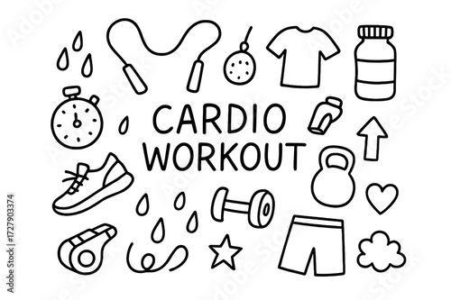 Cardio Workout Doodles. Hand-drawn doodle illustration Cardio workout with rope jump rope, sneakers, stopwatch, whistle, sweat drops, dumbbell, kettlebell,