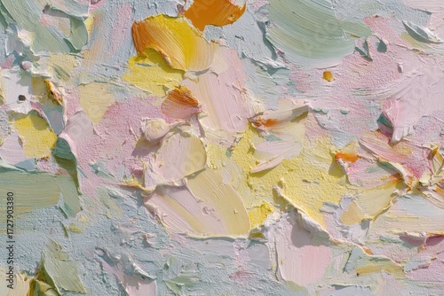 A vibrant and textured abstract painting showcases a blend of pastel colors, including pinks, yellows, and light blues, in a thick, impasto style.