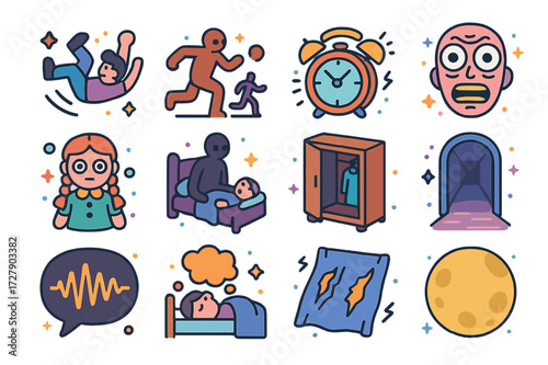 Colorful Nightmares Icons. Colorful isometric vector icons set of Nightmares: falling dream, chased figure, alarm clock, distorted face, creepy doll, sleep