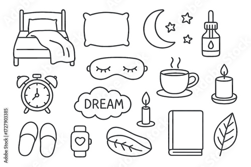 Sleep Wellness Doodle. Hand-drawn doodle illustration sleep and wellness bed, pillow, blanket, moon, stars, alarm clock, eye mask, tea cup, essential oil