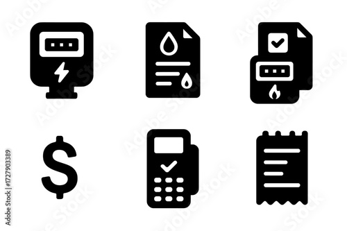 Utility Icons Grid. Solid, filled icon set of utility billing: electricity meter, water bill, gas meter, invoice, dollar sign, payment terminal, calendar date,
