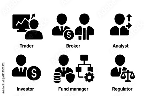 Trading Icons Grid. Solid, filled icon set of trading participants: trader, broker, analyst, market maker, investor, fund manager, algorithm, regulator.