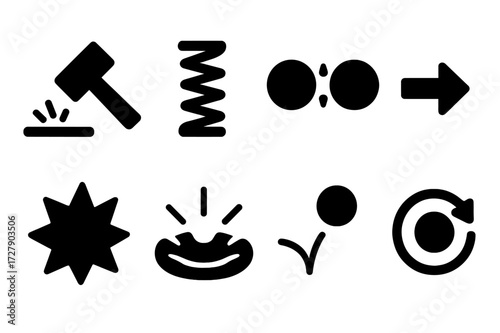 Physical Impulse Icons. Solid, filled icon set of physical impulse: hammer strike, spring, collision, motion arrow, explosion, impact crater, bouncing ball,