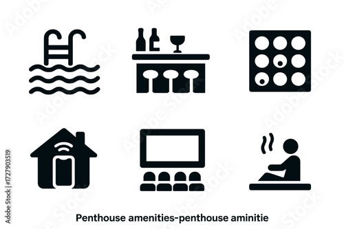 Penthouse Amenities Icons. Solid, filled icon set of penthouse amenities: swimming pool, bar counter, fireplace, wine cellar, smart home system, home theater,