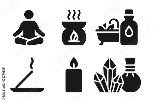 Herbal Healing Icons. Solid, filled icon set of herbal healing rituals: meditation, aromatherapy diffuser, herbal bath, massage oil, incense, candle, crystals,