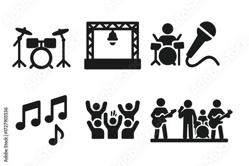 Tom-Tom Icons. Solid, filled icon set of tom-tom performance: drum set, stage, spotlight, drummer silhouette, microphone, music notes, concert crowd, band.