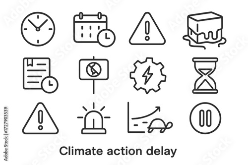Climate Action Icons. Climate action delay. Line icon set of climate action delay: ticking clock, calendar, warning sign, melting ice, delayed plan, protest