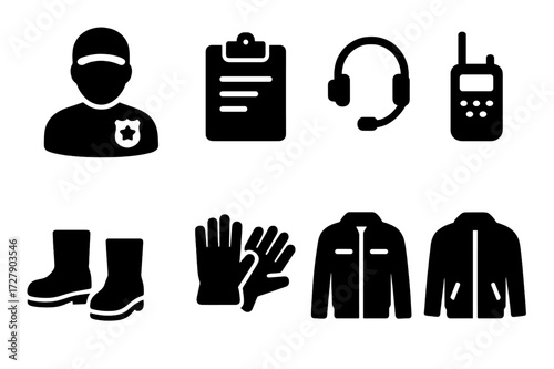 Repo Agents Icon Set. Solid, filled icon set of repo agents: silhouette of man with cap, badge, clipboard, headset, radio, boots, gloves, jacket. [Line icons