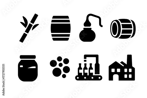 Rum Production Icons. Solid, filled icon set of rum production elements: sugarcane stalk, fermentation barrel, distillation still, aging barrel, molasses jar,