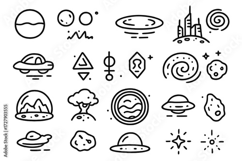 Sci-fi Planet Doodles. Hand-drawn doodle illustration [Sci-fi alien planets] [glowing orb, dual moons, energy field, futuristic city, hover vehicle, alien