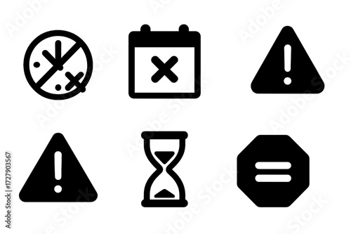 Overdue Icons Set. Solid, filled icon set of overdue deadline: crossed clock, calendar with X, red alert, expired stamp, warning sign, hourglass empty, stop