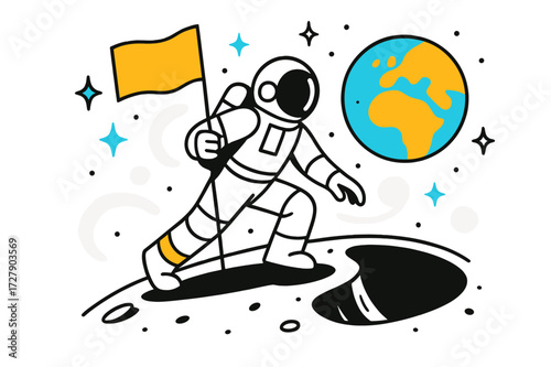 Astro-Flag on Moon. Moon Landing. An astronaut planting a flag on a crater?s edge, glowing Earth rising in the distance. Floating stars scattered
