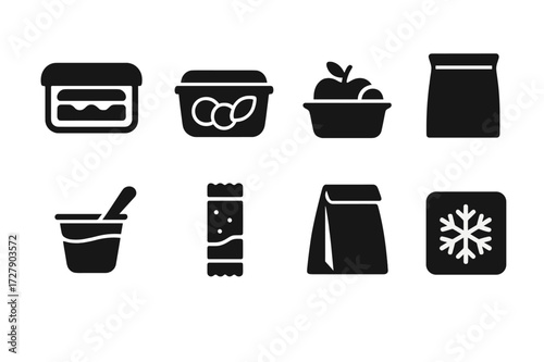 Packed Lunch Icons. Solid, filled icon set of packed lunch items: sandwich box, salad container, fruit cup, snack bag, yogurt cup, granola bar, lunch bag, ice