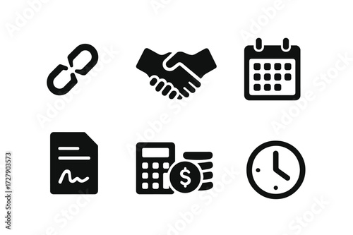 Debt Payment Icons. Solid, filled icon set of debt payment plan: broken chain, handshake, calendar, dollar coins, contract, calculator, wallet, clock. [Line