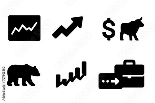 Stock Market Icons. Solid, filled icon set of stock market basics: stock chart, upward arrow, dollar sign, bull market, bear market, trading graph, stock