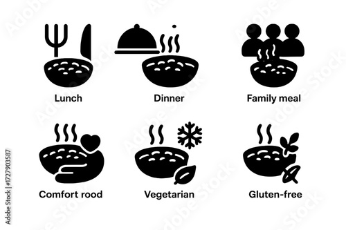 Bean Stew Icon Set. Solid, filled icon set of bean stew meal types: lunch, dinner, family meal, comfort food, winter meal, vegetarian, vegan, gluten-free.